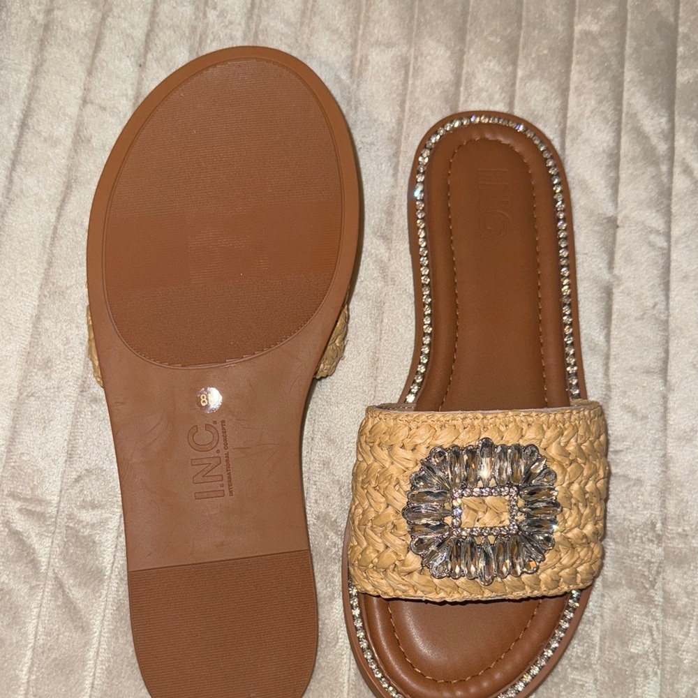 INC International Concepts Tan Woven Slide Sandals with Rhinestones - Picture 7 of 16